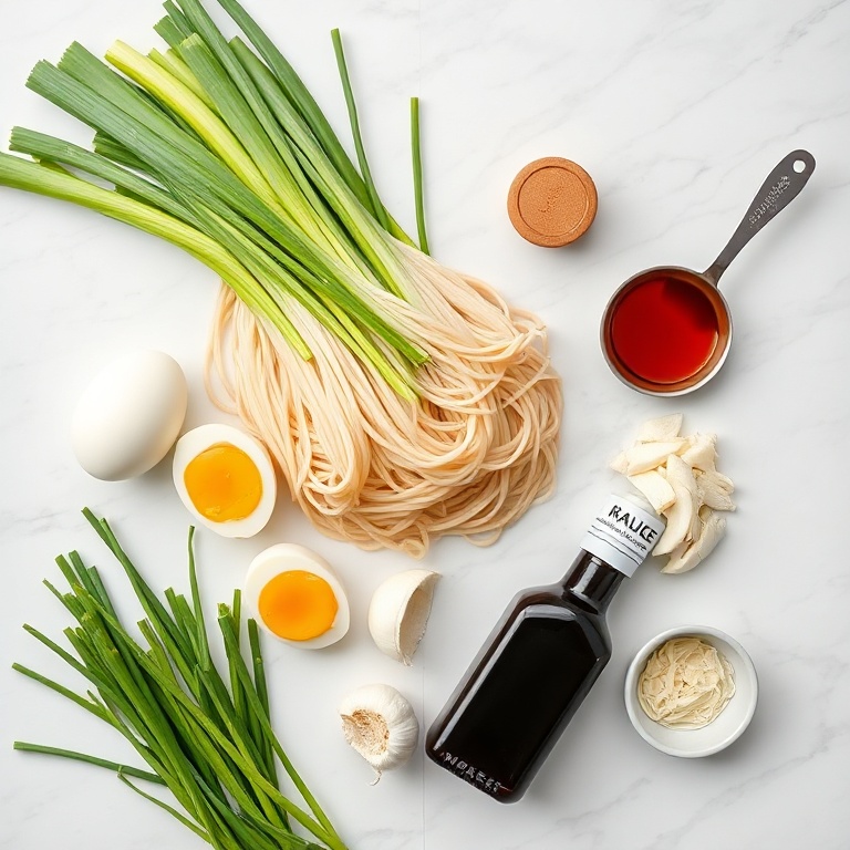 Overhead view of raw ramen noodles, garlic cloves, eggs, green onions, and soy sauce with prep tools on white marble.