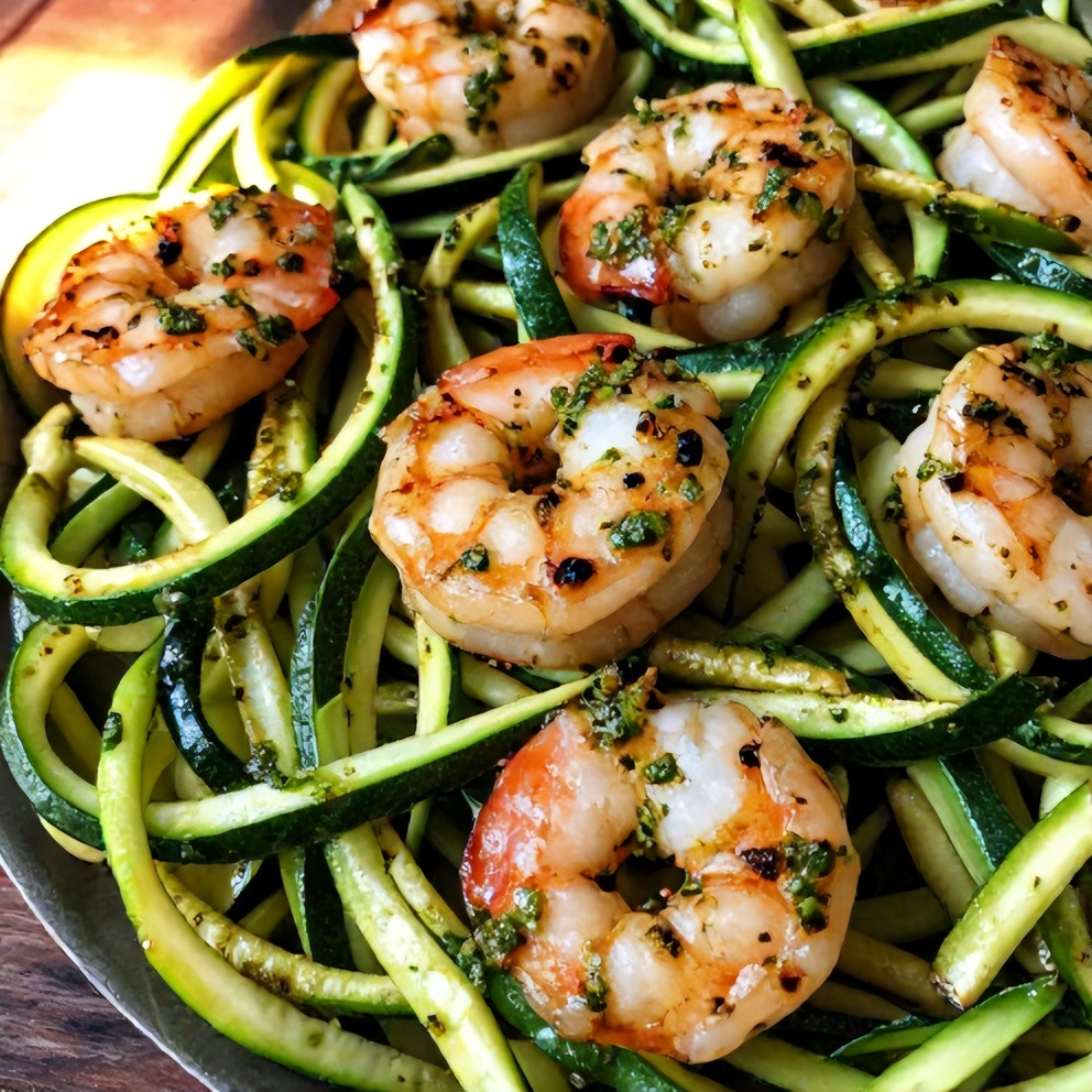 Quick Zucchini Noodles with Pesto and Shrimp