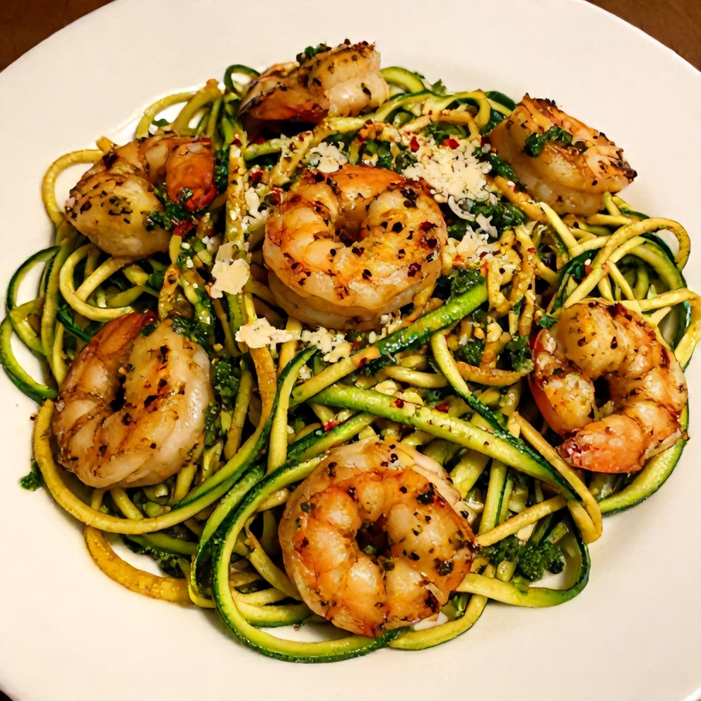 Plated zucchini noodles with pesto and grilled shrimp