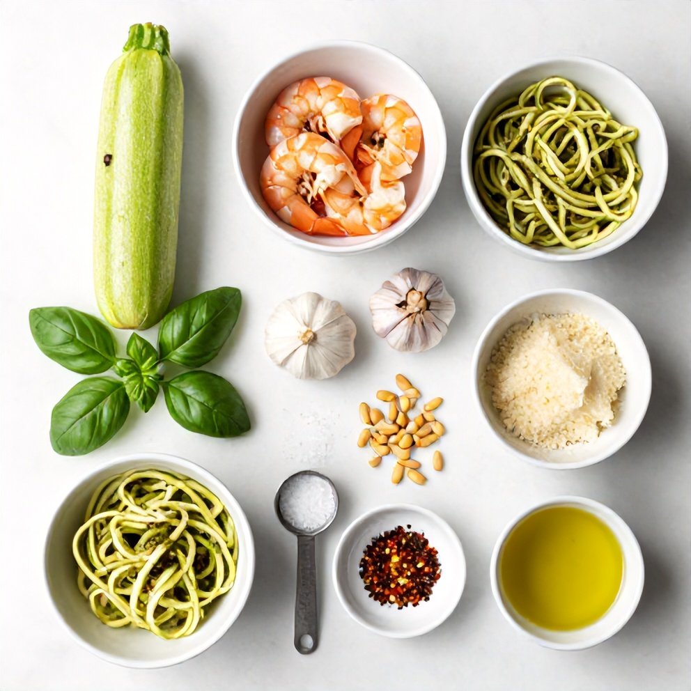 Raw ingredients for zucchini noodles with pesto and shrimp