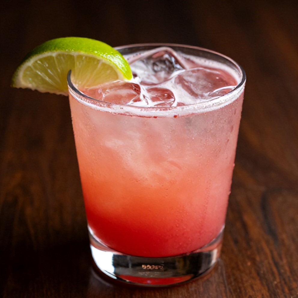 Raspberry Passionfruit Tequila Sour Cocktail poured into a glass with a lime wheel garnish