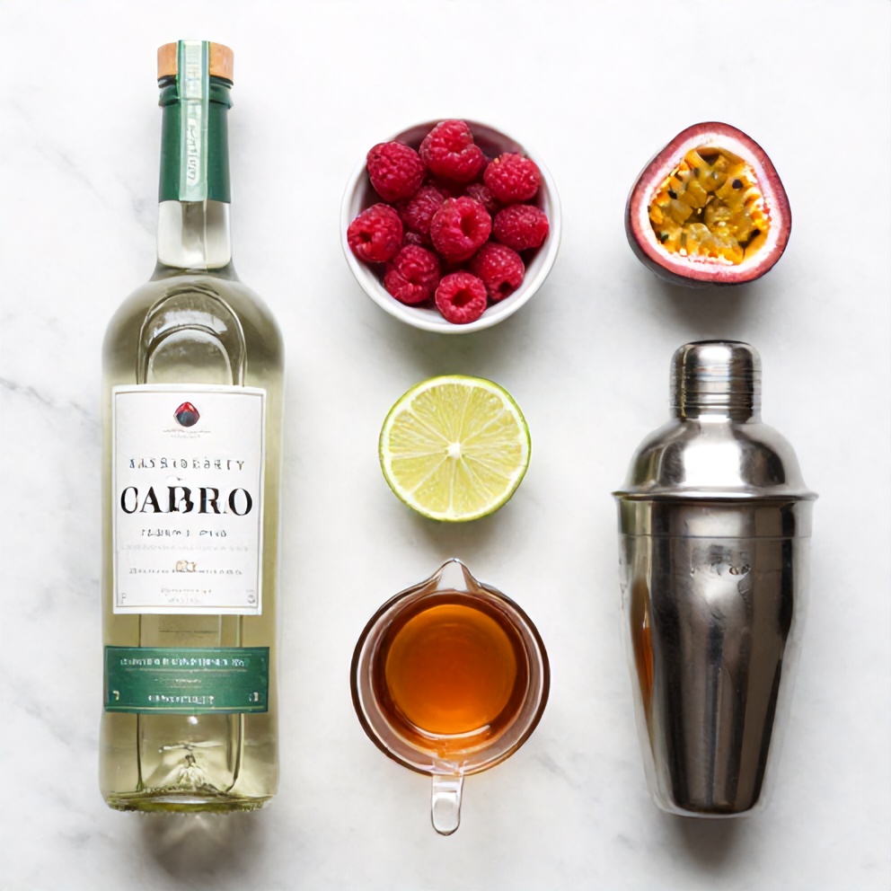 Raspberry, passionfruit, tequila, lime juice, simple syrup, and ice arranged in a flat lay