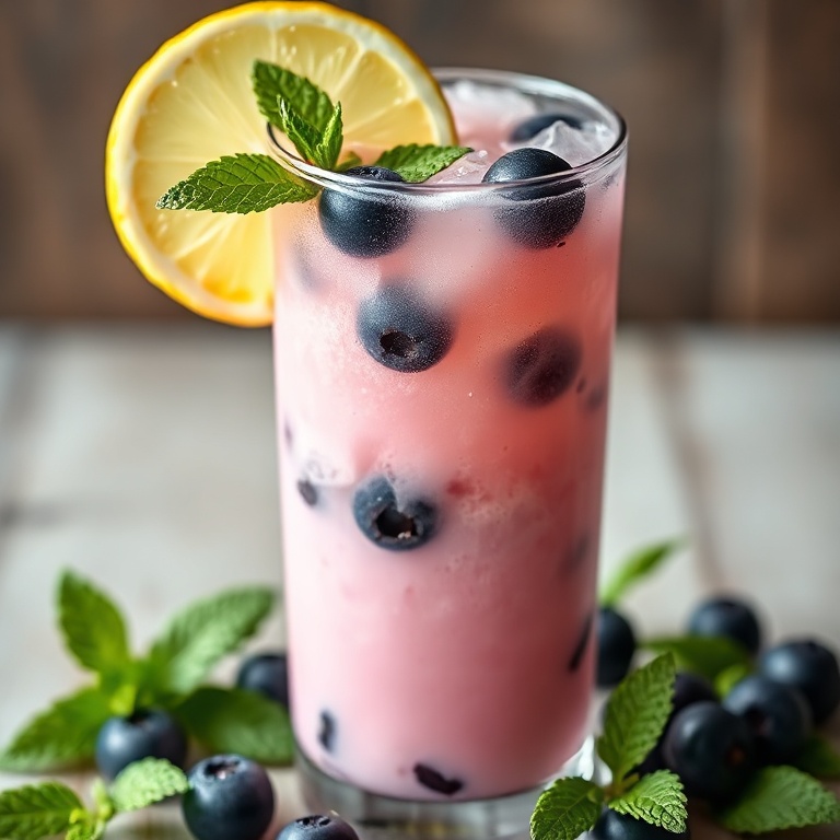 A tall glass of blueberry Italian cream soda with a slice of lemon and a sprig of mint