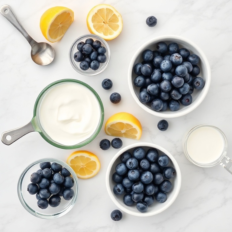 Fresh blueberries, sugar, cream, and lemon slices arranged on a white marble surface