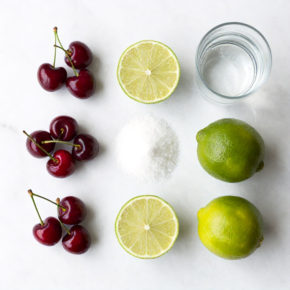 Raw ingredients for Cherry Limeade: cherries, limes, sugar, water, and ice