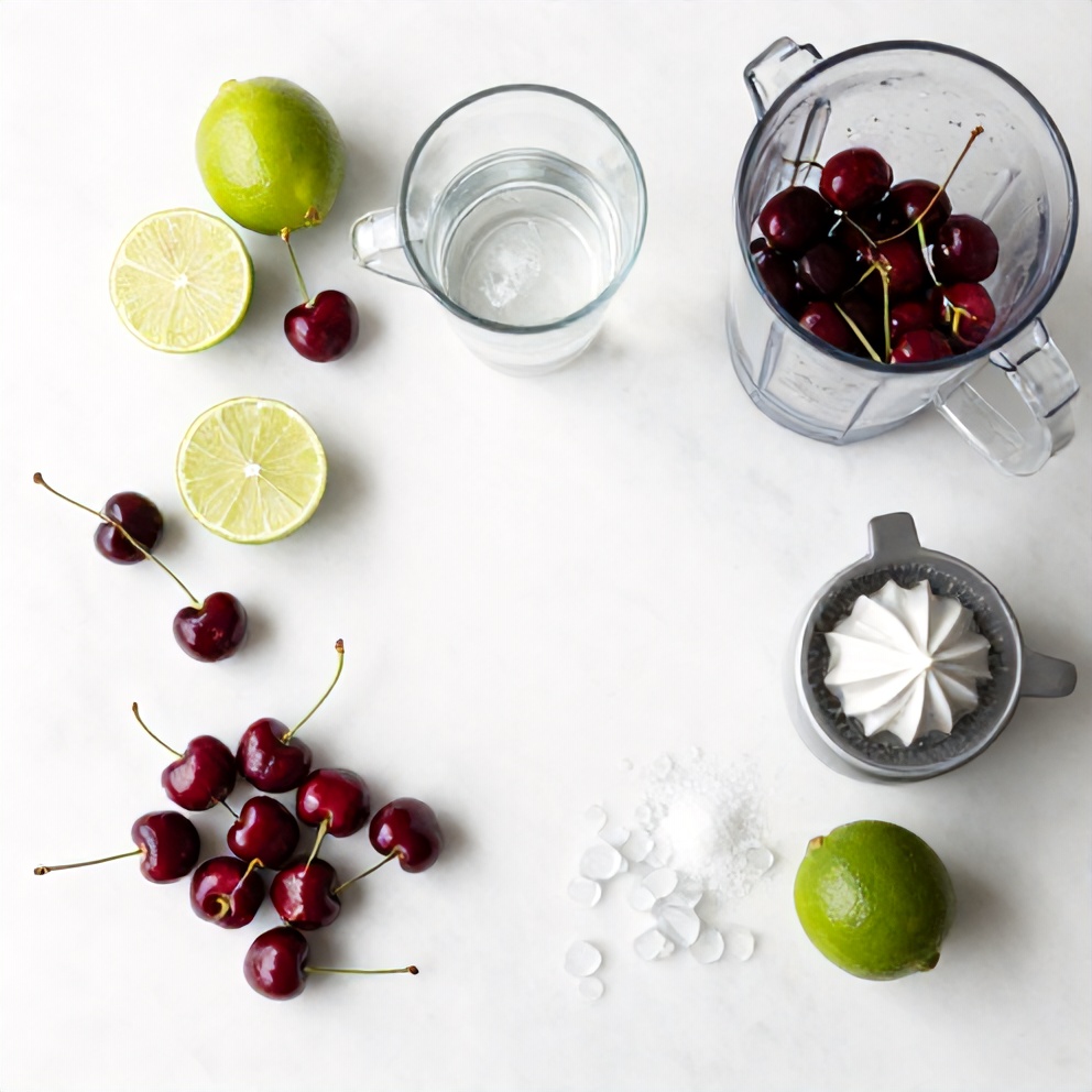 Ingredients for Cherry Limeade: Cherries, Limes, Sugar, Water, Ice