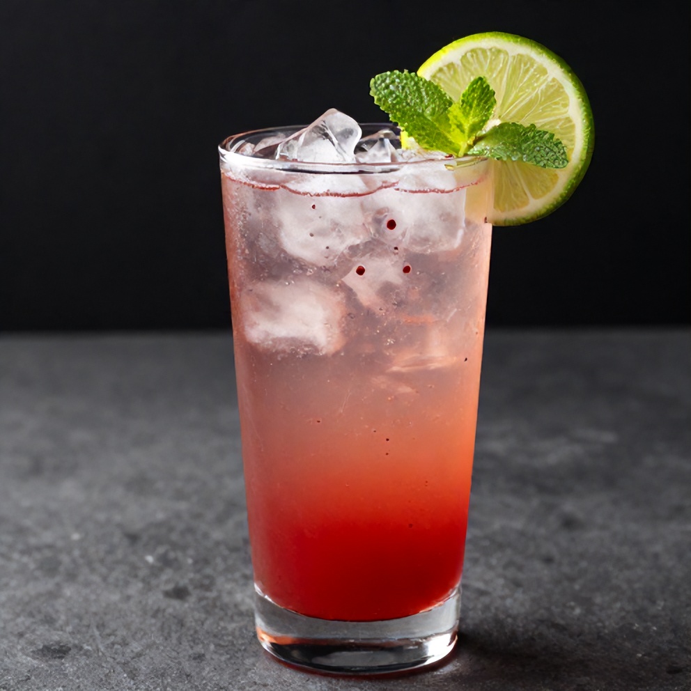 A glass of hibiscus tea spritzer with a lime wedge and mint leaf on the rim. The drink is clear with a vibrant red hue. The glass is filled to the brim with ice and fresh ingredients.