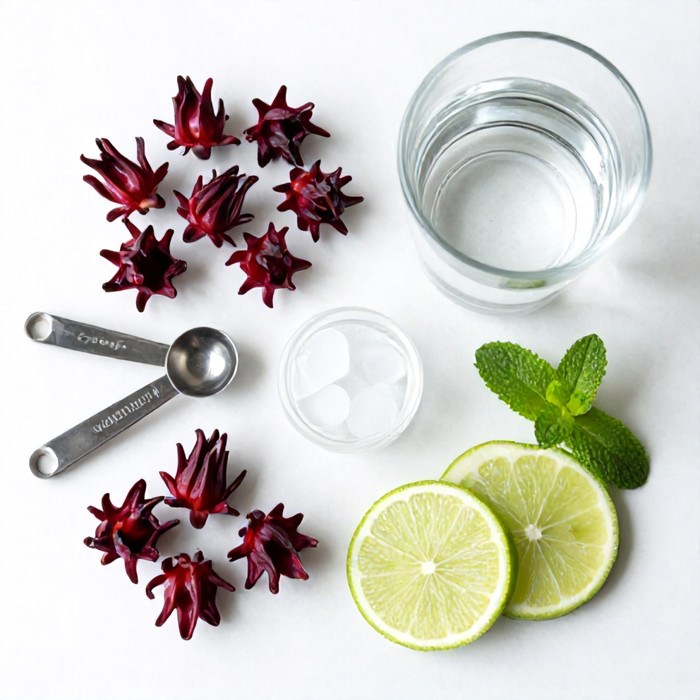 Raw hibiscus flowers, fresh lime slices, mint leaves, ice cubes, and a glass of water arranged in a flat lay. Measuring spoons and a small bowl are visible.
