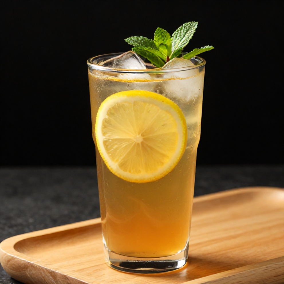 A glass of mint lemon verbena iced tea with a lemon slice