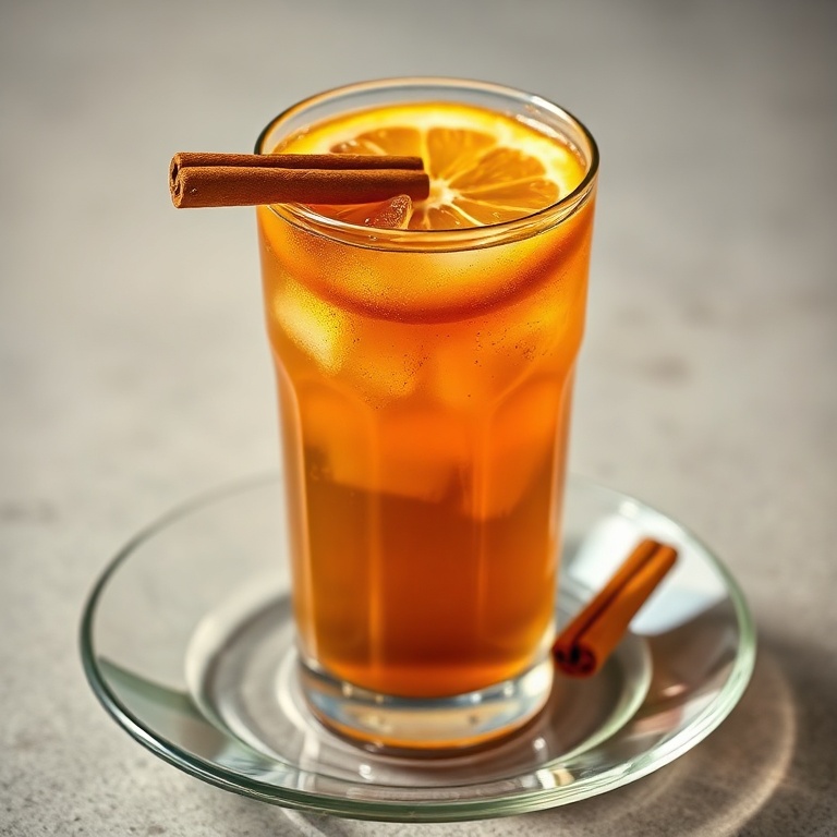 A single glass of iced tea with orange slice and cinnamon stick on the rim. The glass is full to the top. Warm light from the side shows the clarity and bubbles. No text or watermark.