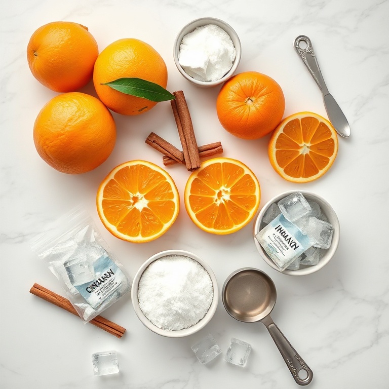 Overhead shot of fresh oranges, cinnamon sticks, sugar, tea bags, and ice cubes on a white marble counter. Measuring cups and spoons visible. Bright even light.