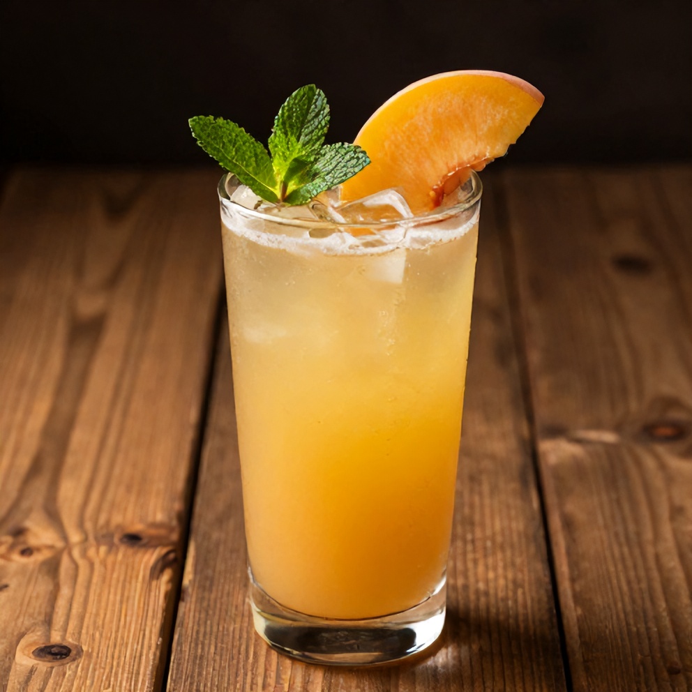 Glass of peach ginger lemonade with a slice of peach and a sprig of mint