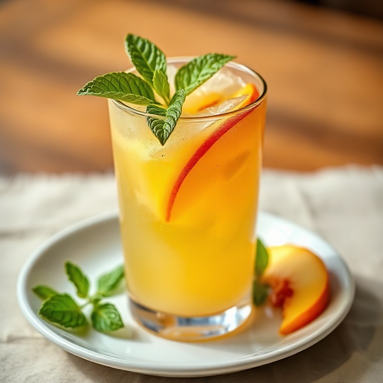 A perfectly plated glass of peach lemonade with a sprig of fresh mint on top. The drink is clear and the glass is filled to the brim.