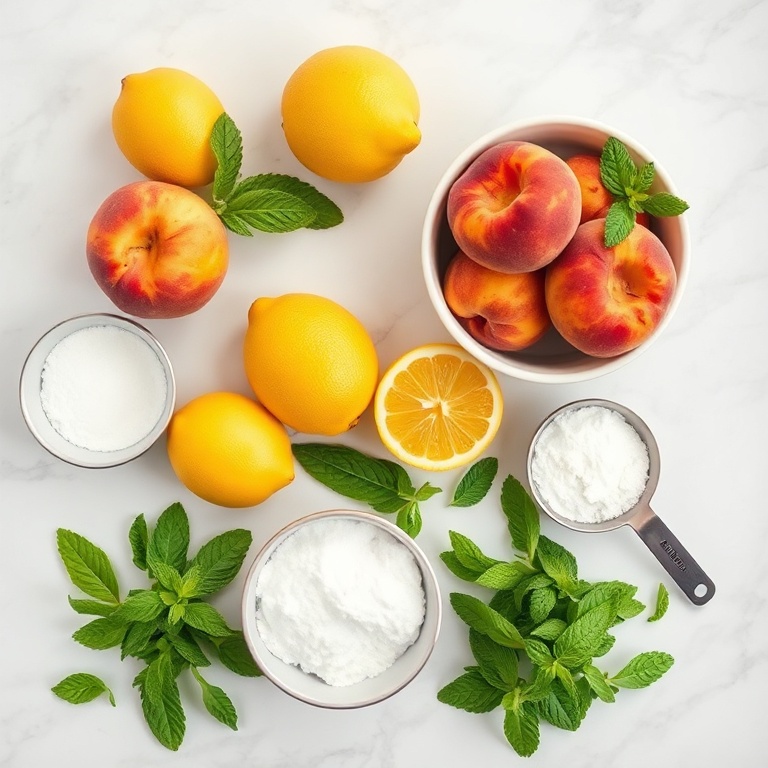 All the raw ingredients for peach lemonade laid out in an overhead flat lay. Peaches, lemons, sugar, and mint leaves are front and center on a white marble surface.