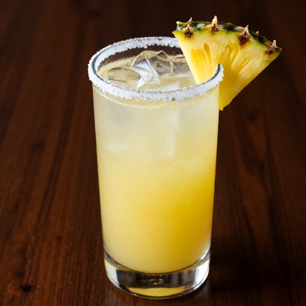 Pineapple Margarita Mocktail served in a glass with a salted rim and pineapple wedge garnish