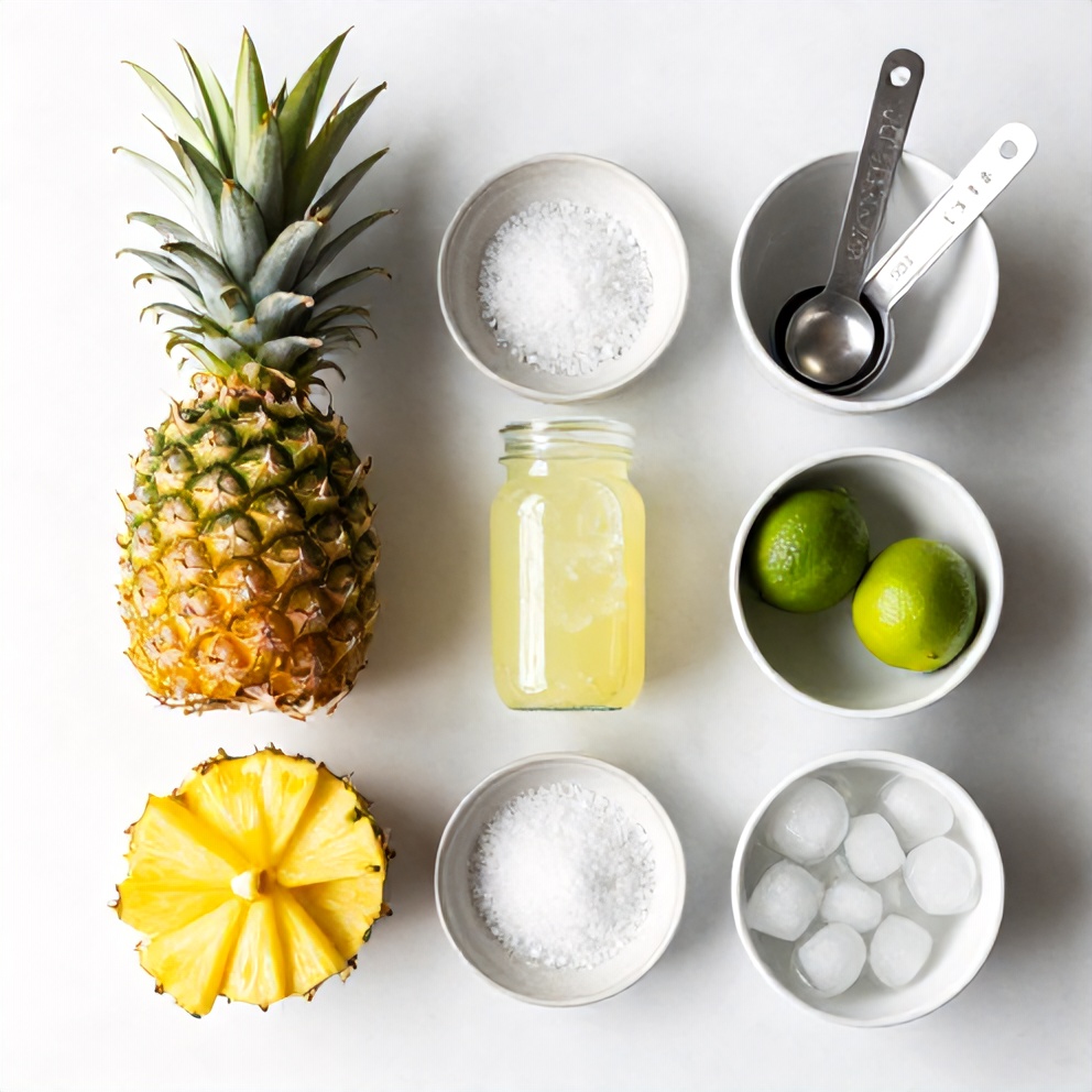 Raw ingredients for Pineapple Margarita Mocktail including pineapple juice, lime juice, triple sec, salt, and ice