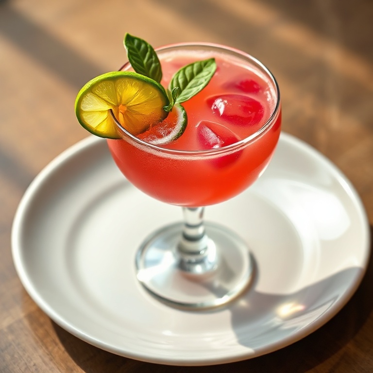 A perfectly plated raspberry passionfruit tequila sour in a coupe glass with a lime wheel and basil leaf on a white ceramic plate