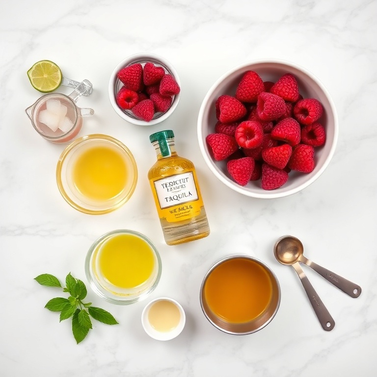 A flat lay of fresh raspberries, passionfruit, tequila, lime juice, and simple syrup on a white marble countertop with measuring cups and spoons