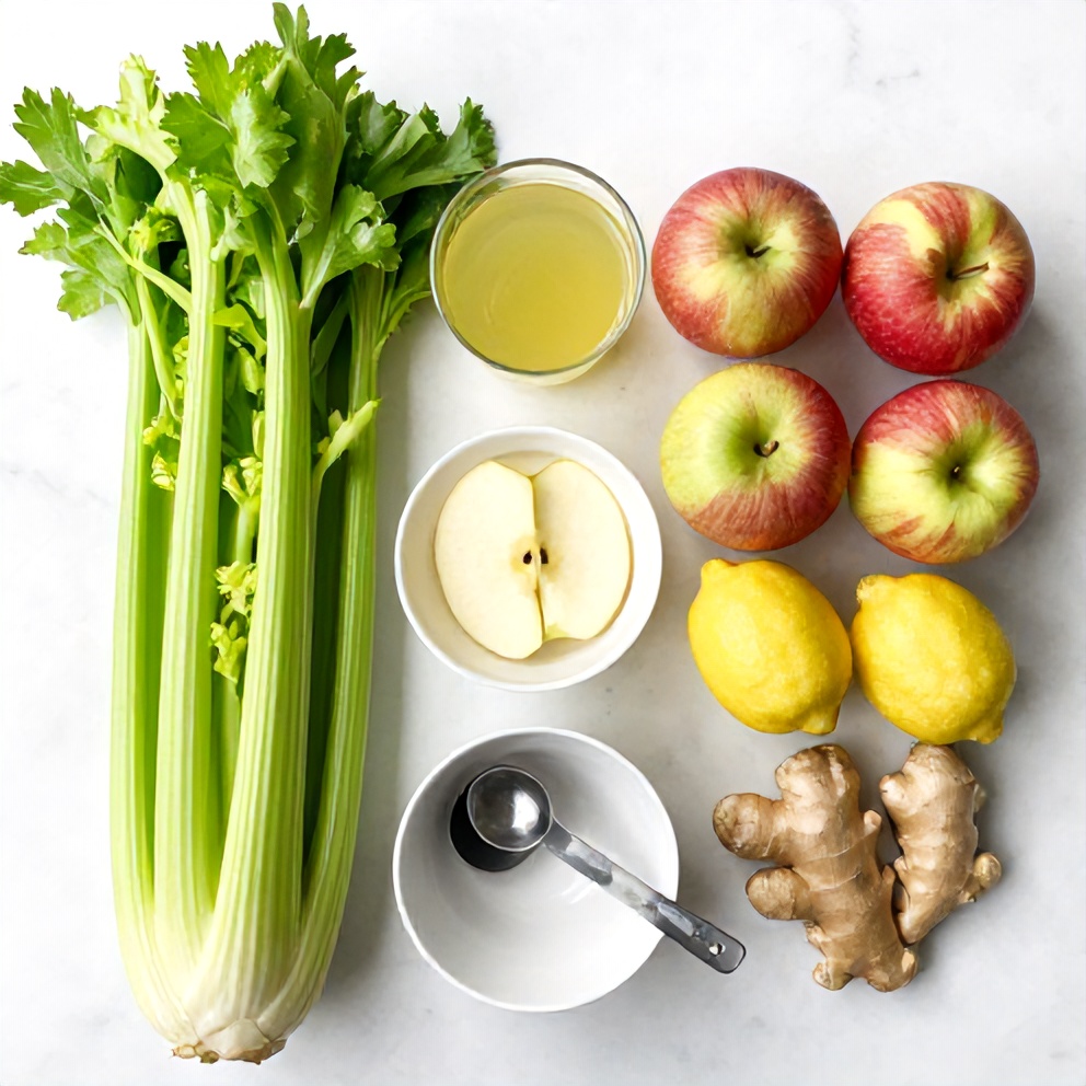 Raw ingredients for celery apple juice on a marble surface