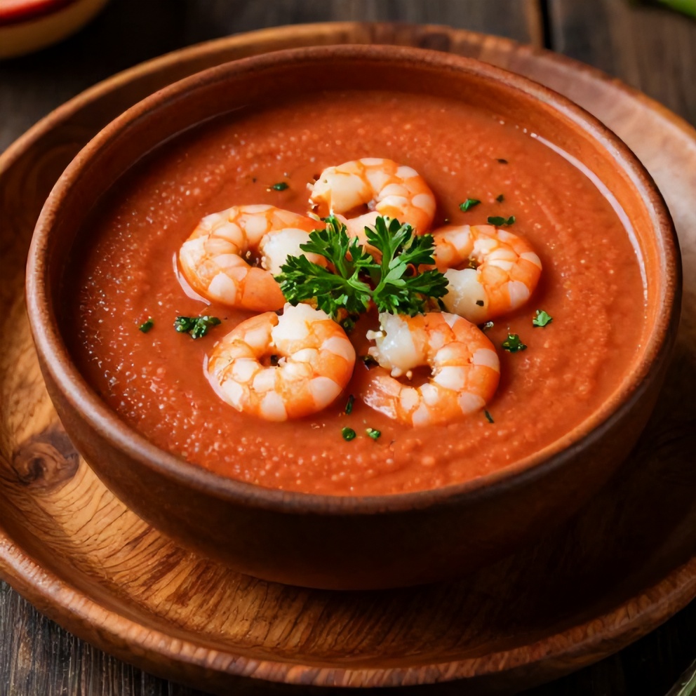 Bowl of gazpacho with shrimp, garnished with fresh parsley, on a rustic wooden plate, with warm side lighting highlighting the texture.