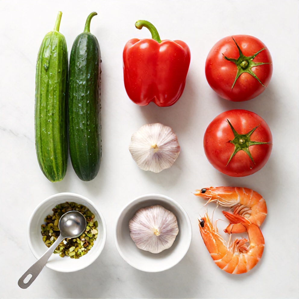 Overhead flat lay of cucumber, bell pepper, tomato, garlic, and shrimp, with prep bowls and measuring spoons visible, on a white marble surface under bright even light.
