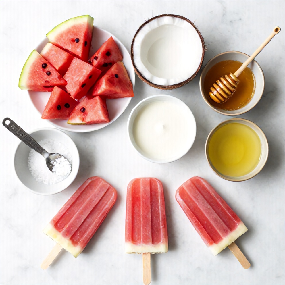 Ingredients for Watermelon Coconut Popsicles on a white marble surface