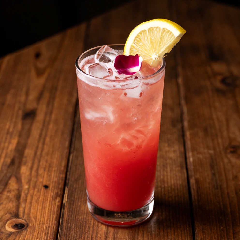 Watermelon Rose Cooler in a glass with ice, lemon slice, and a rose petal garnish on a rustic wooden table