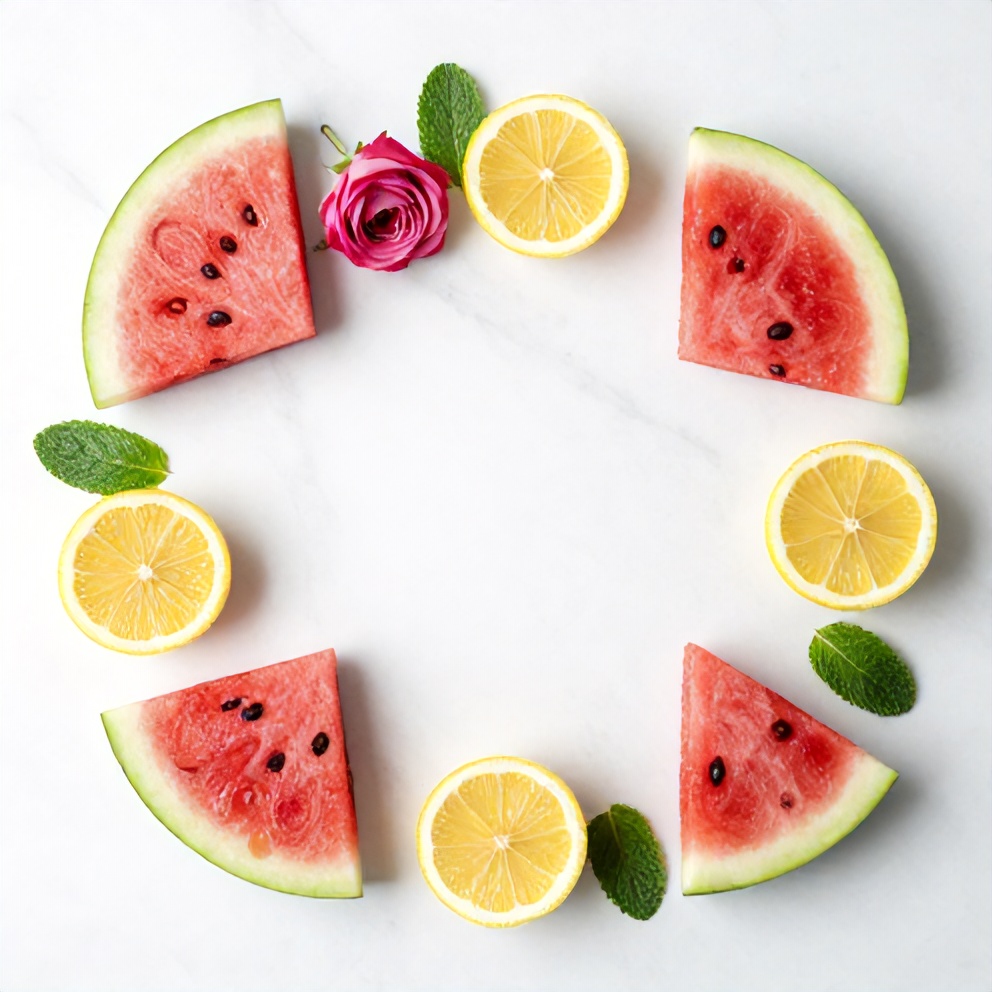 Watermelon slices, fresh roses, lemon, honey, and mint leaves on a wooden surface