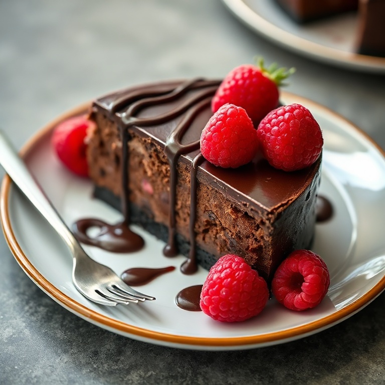 A perfectly plated slice of rich dark chocolate raspberry cheesecake with fresh raspberries and a chocolate drizzle. Close crop showing texture. Photorealistic food photography.