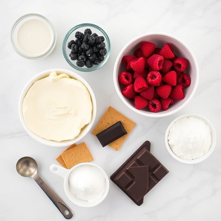 Raw ingredients for rich dark chocolate raspberry cheesecake. Cream cheese, raspberries, dark chocolate, graham crackers, and sugar arranged in an overhead flat lay. Measuring spoons and cups visible.
