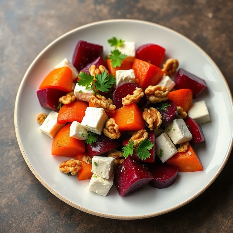 Roasted beet and sweet potato salad with feta and walnuts. Garnished with fresh parsley. Perfect plated serving. Warm side lighting highlighting texture. Photorealistic food photography. No text. No watermark.