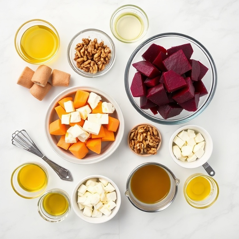 Raw ingredients for roasted beet and sweet potato salad. Beets, sweet potatoes, feta cheese, walnuts, and olive oil. Prep bowls, measuring spoons, and cups. White marble surface. Bright even light. Photorealistic overhead food photography. No text. No watermark.