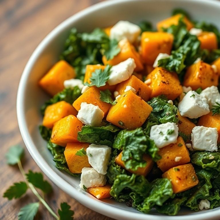 Single serving of roasted butternut squash kale salad garnished with crumbled feta on a ceramic plate
