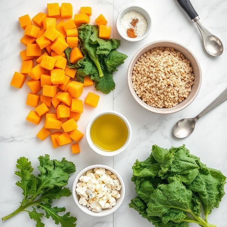 Raw ingredients for roasted butternut squash kale salad including butternut squash, kale, quinoa, feta cheese, and olive oil on a white marble surface