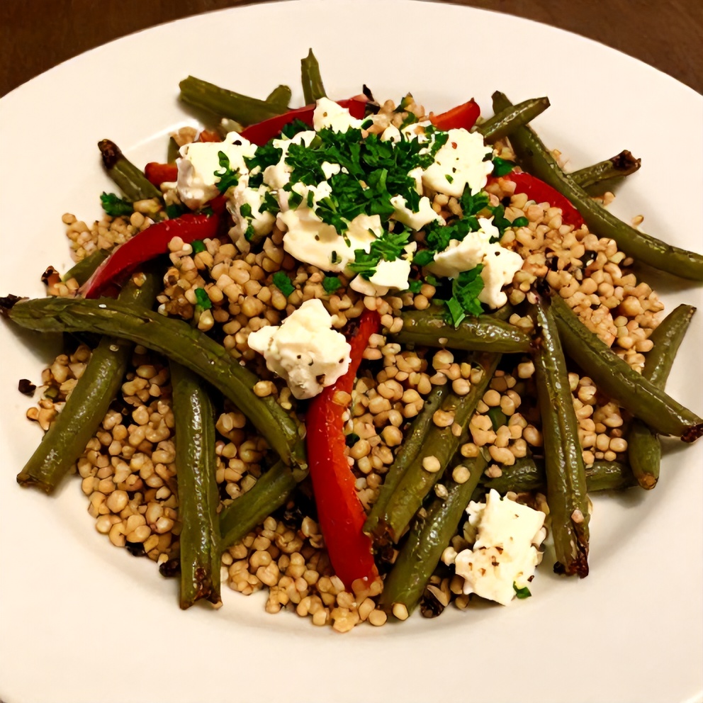 Plated Roasted Green Bean Quinoa Salad with Red Pepper and Feta