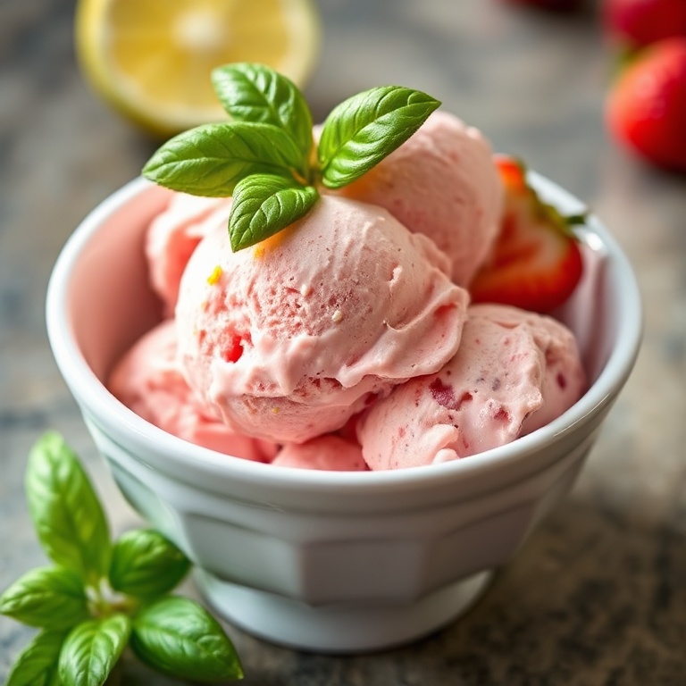Perfect serving of Roasted Strawberry Basil Ice Cream in a white ceramic bowl. Fresh lime zest and basil leaves on top. Warm side lighting shows the creamy texture and vibrant colors.
