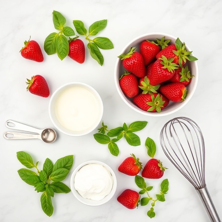 Overhead flat lay of fresh strawberries, basil leaves, lime zest, cream, and sugar arranged neatly. Measuring spoons, a mixing bowl, and a whisk visible. Bright even light on white marble surface.