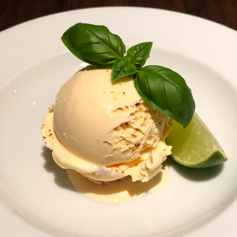 Plated Roasted Strawberry Basil Ice Cream with a Lime Twist