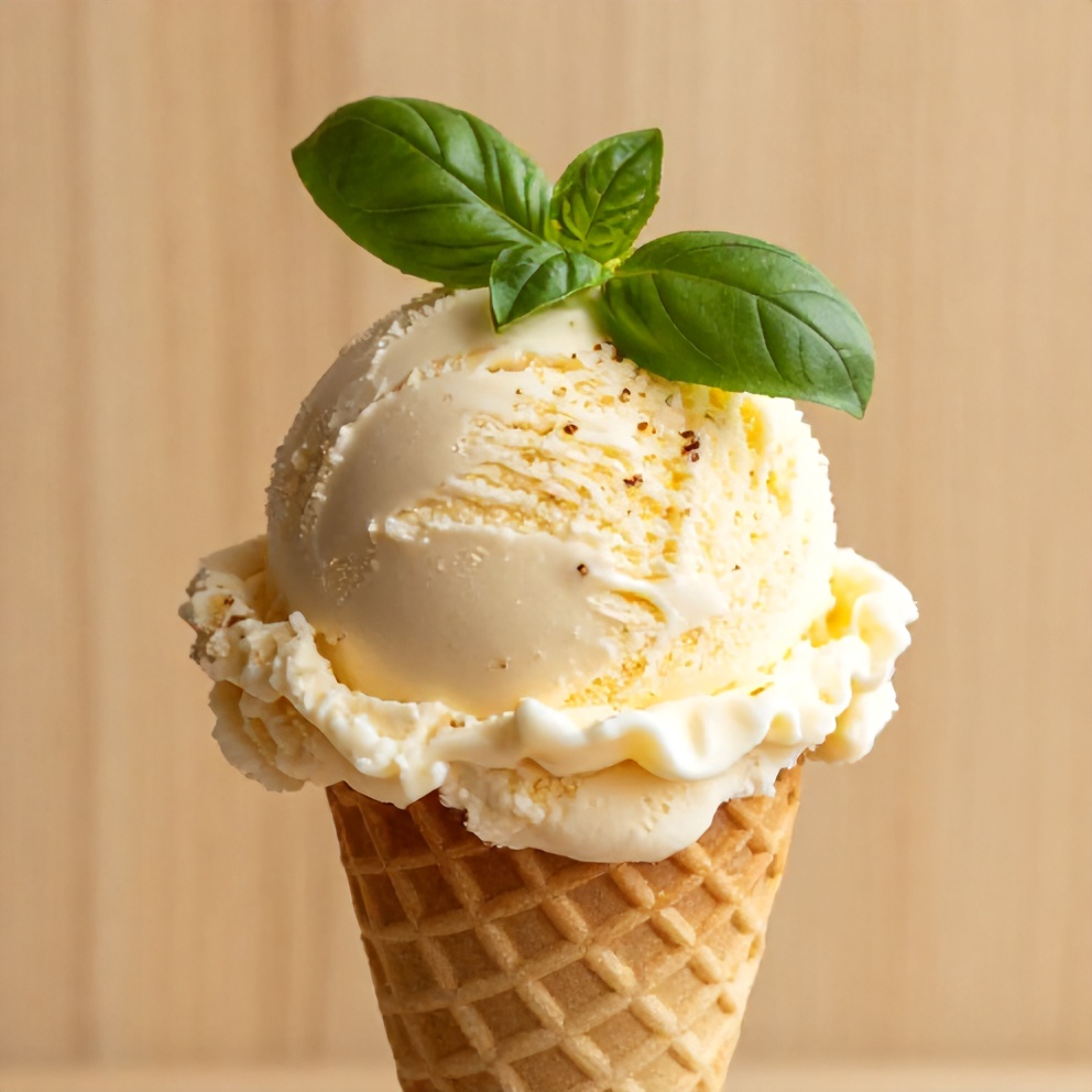 A scoop of Roasted Strawberry Lime Basil Ice Cream in a cone