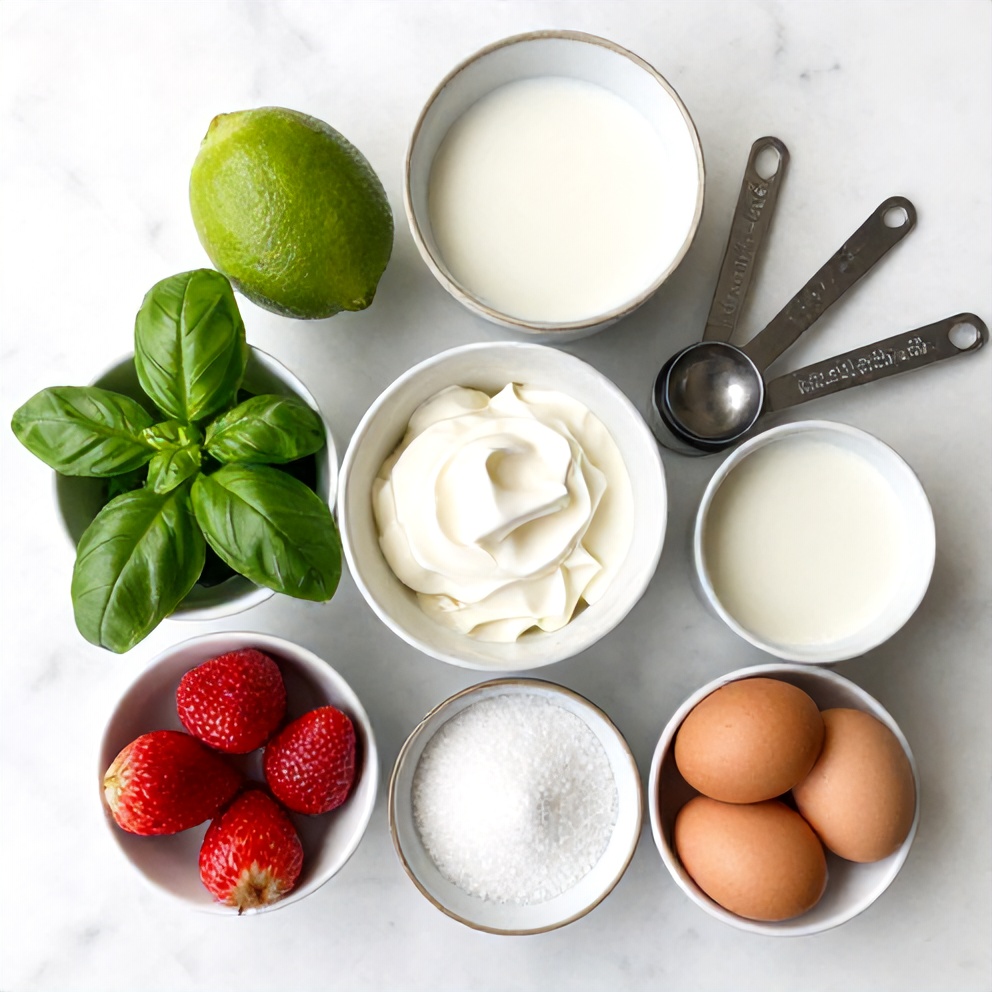 Raw ingredients for Roasted Strawberry Lime Basil Ice Cream including strawberries, lime, basil, and heavy cream