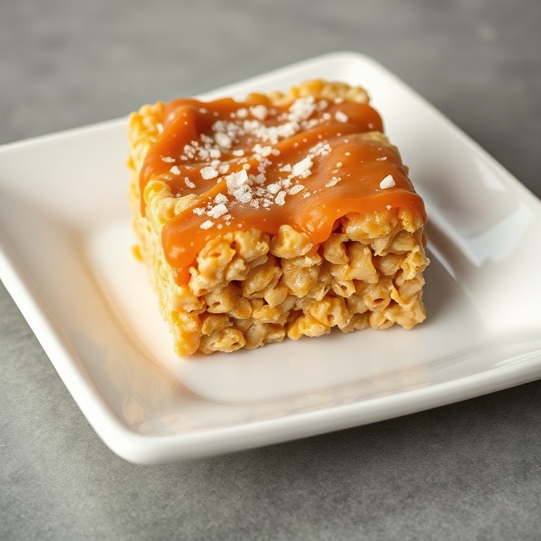Single bar of salted caramel rice krispie treat sprinkled with sea salt served on white plate with close crop and warm lighting