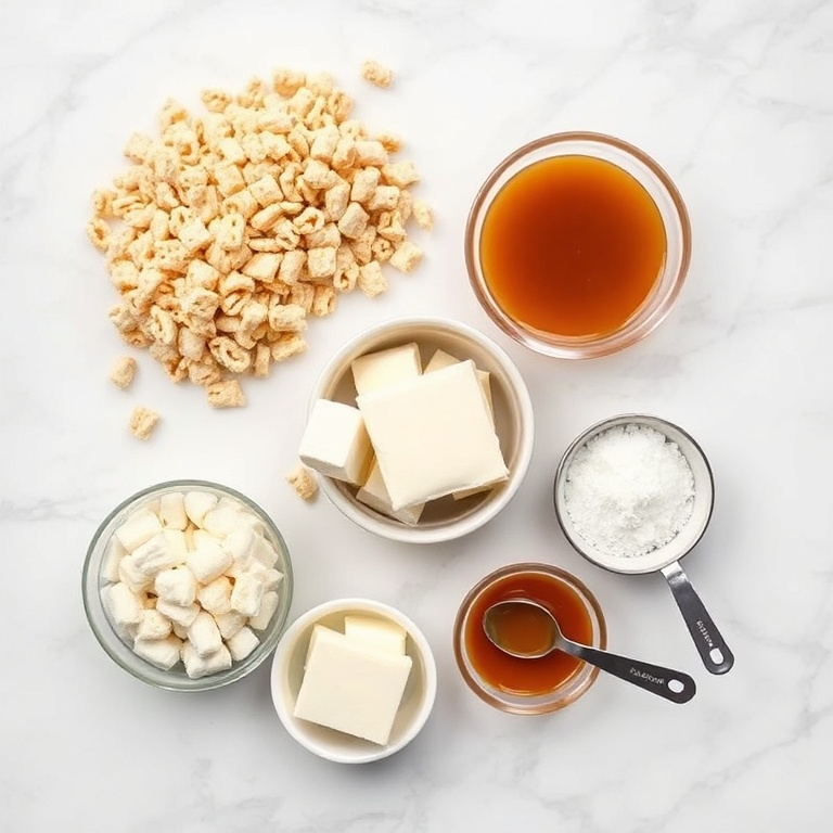 Overhead flat lay of marshmallows, salted caramel sauce, butter, Rice Krispies cereal, and sea salt with measuring spoons on white marble surface
