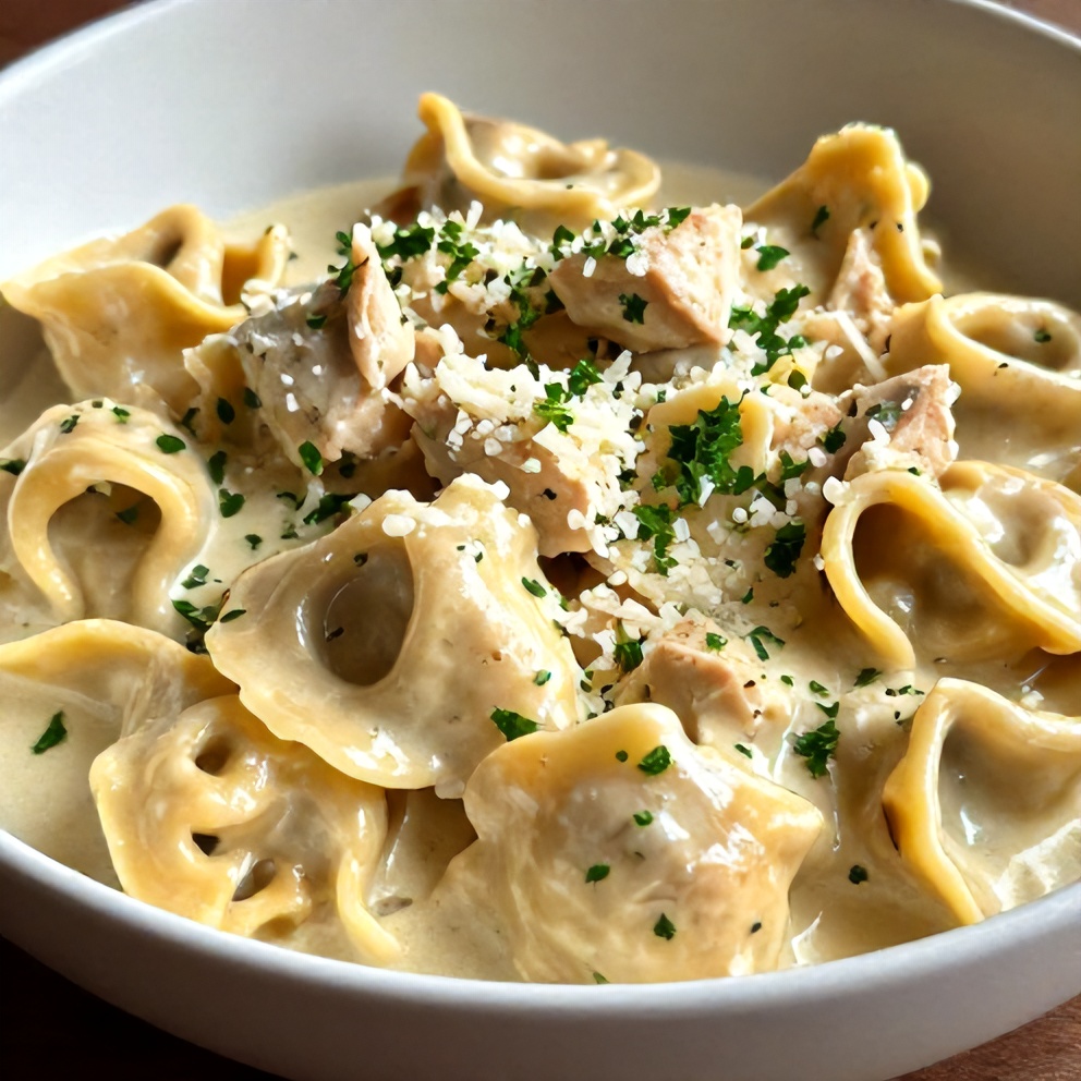 Plated serving of creamy chicken tortellini