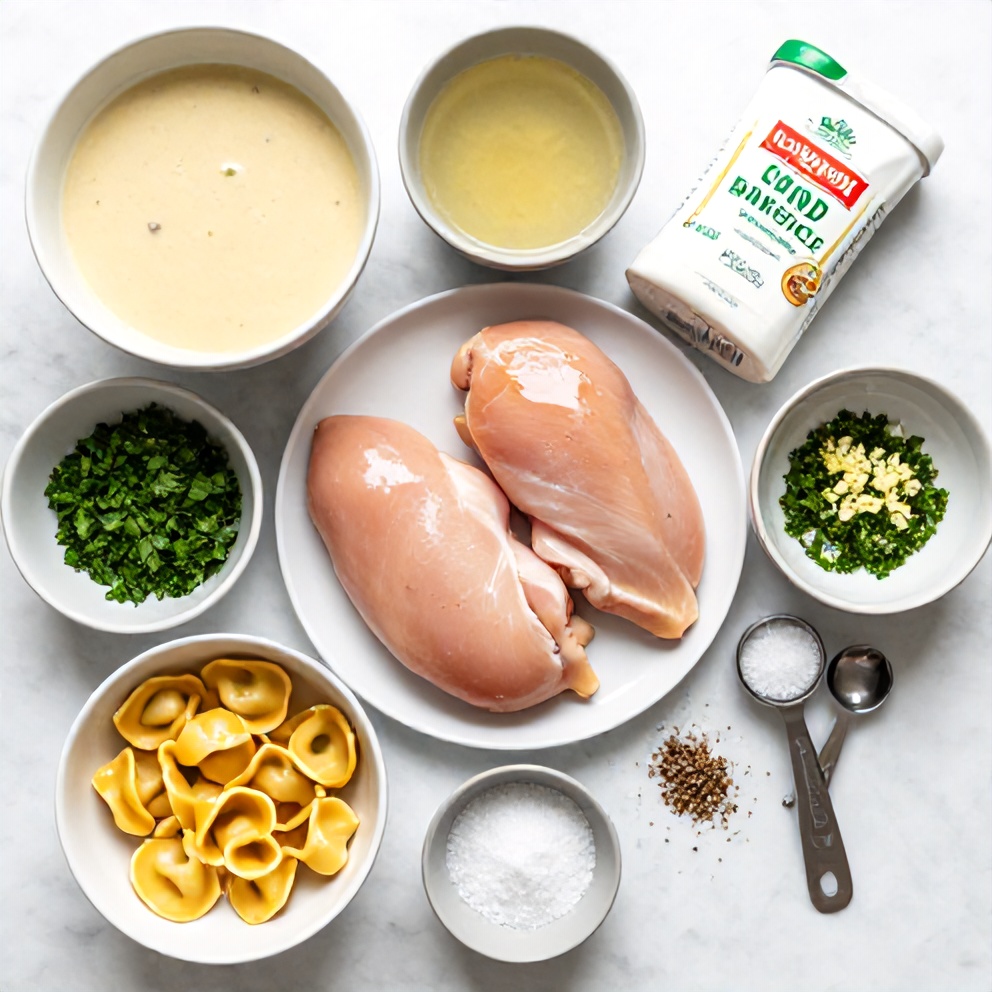 Raw ingredients for slow cooker chicken tortellini