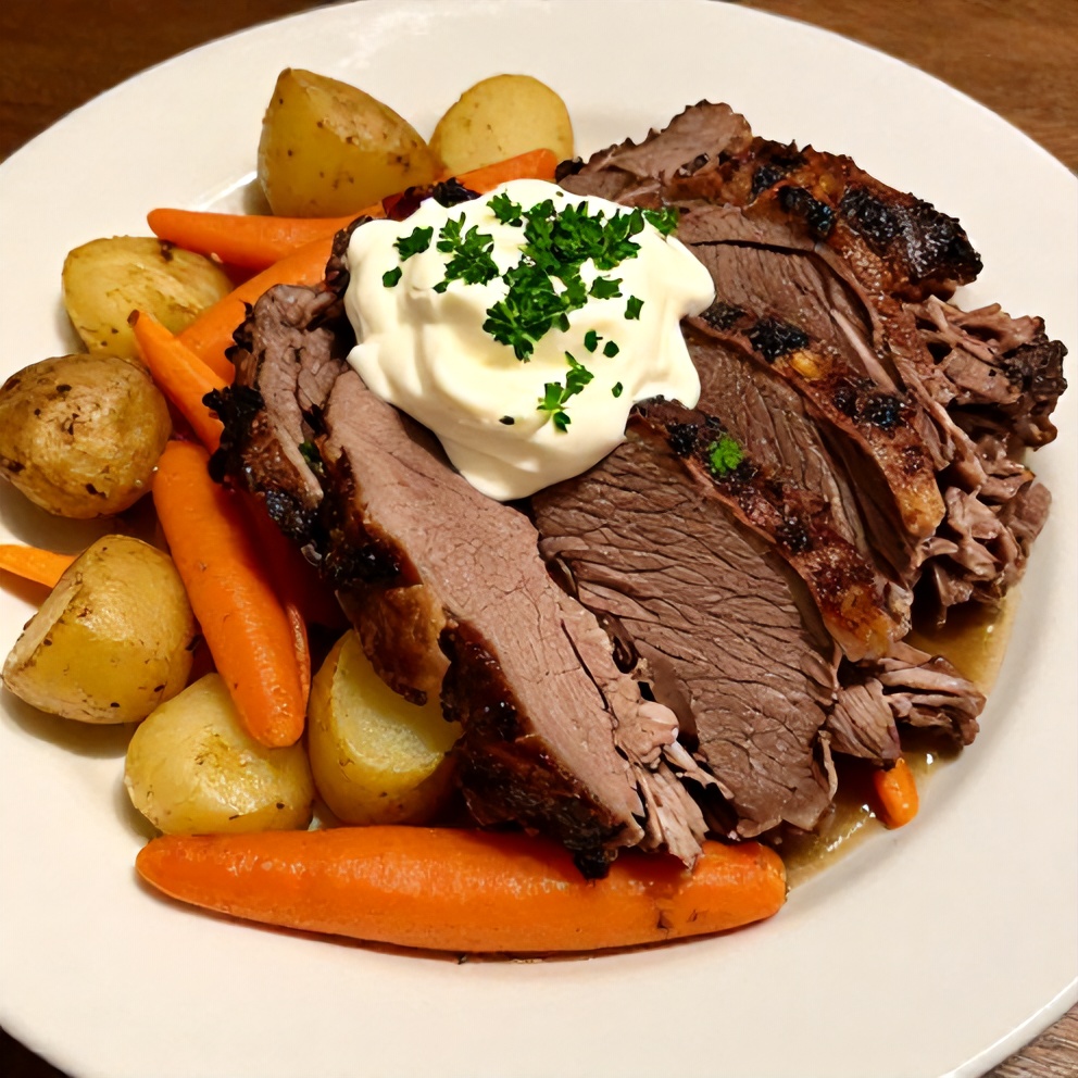 Plated Slow Cooker Chuck Roast with Potatoes and Carrots