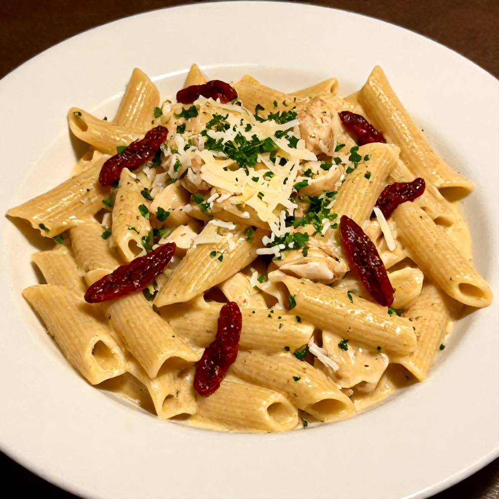 Plated serving of Creamy Chicken Pasta with Sun-Dried Tomatoes