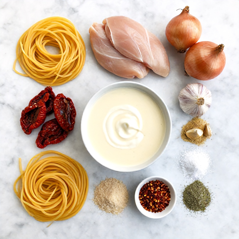 Raw ingredients for Creamy Chicken Pasta with Sun-Dried Tomatoes