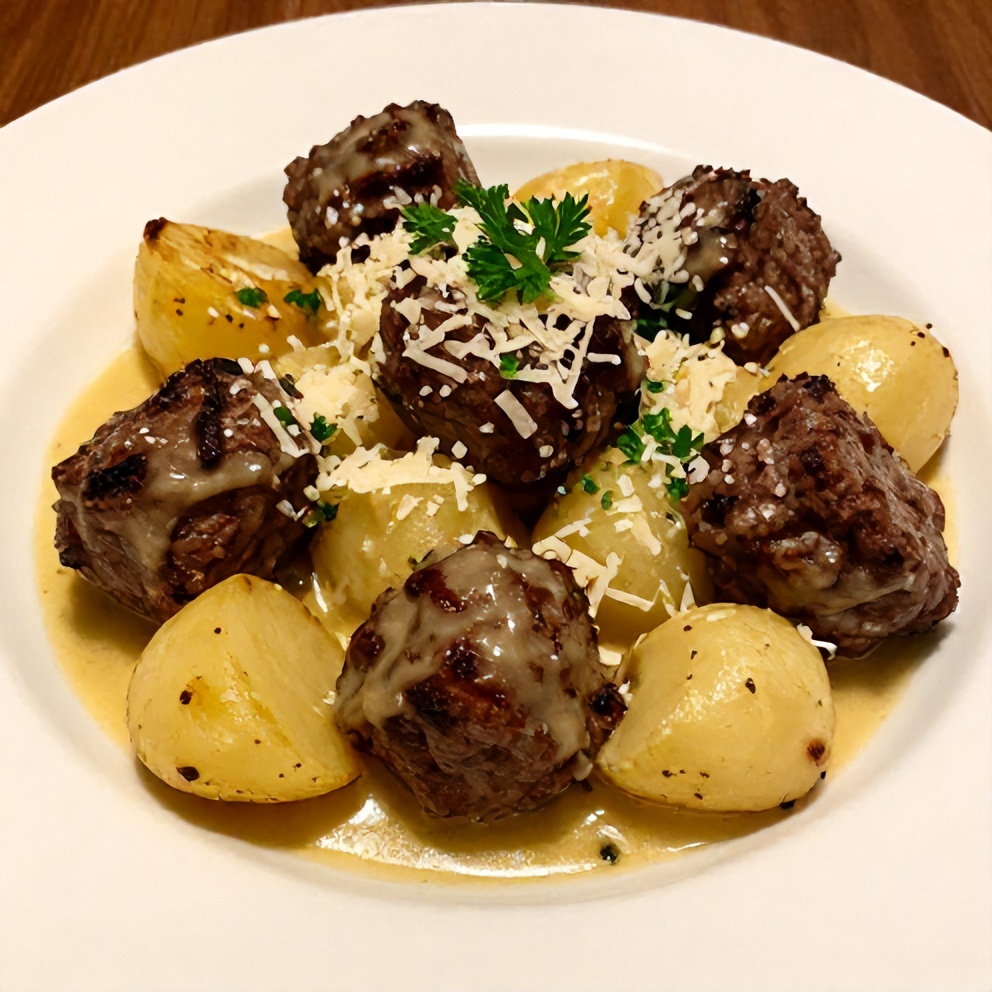 Plated Garlic Butter Beef Bites with Potatoes