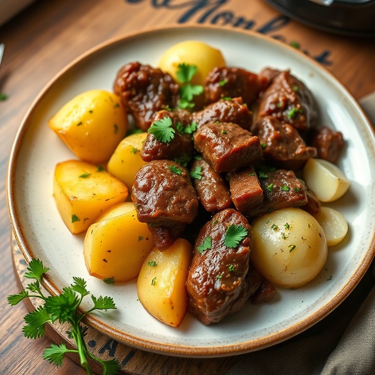 A perfectly plated serving of slow cooker garlic butter beef with potatoes, garnished with fresh parsley and garlic