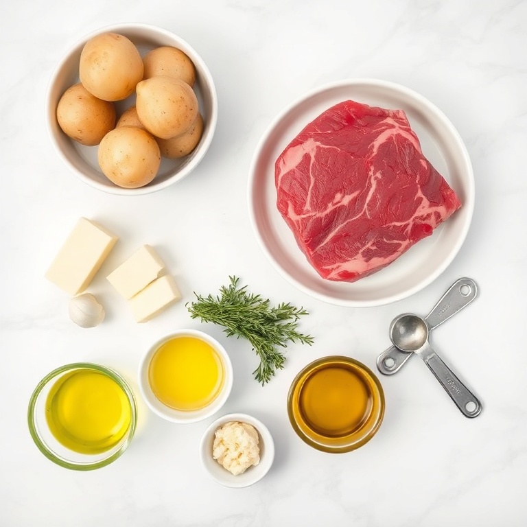 Raw beef, potatoes, garlic, butter, thyme, and olive oil arranged in an overhead flat lay